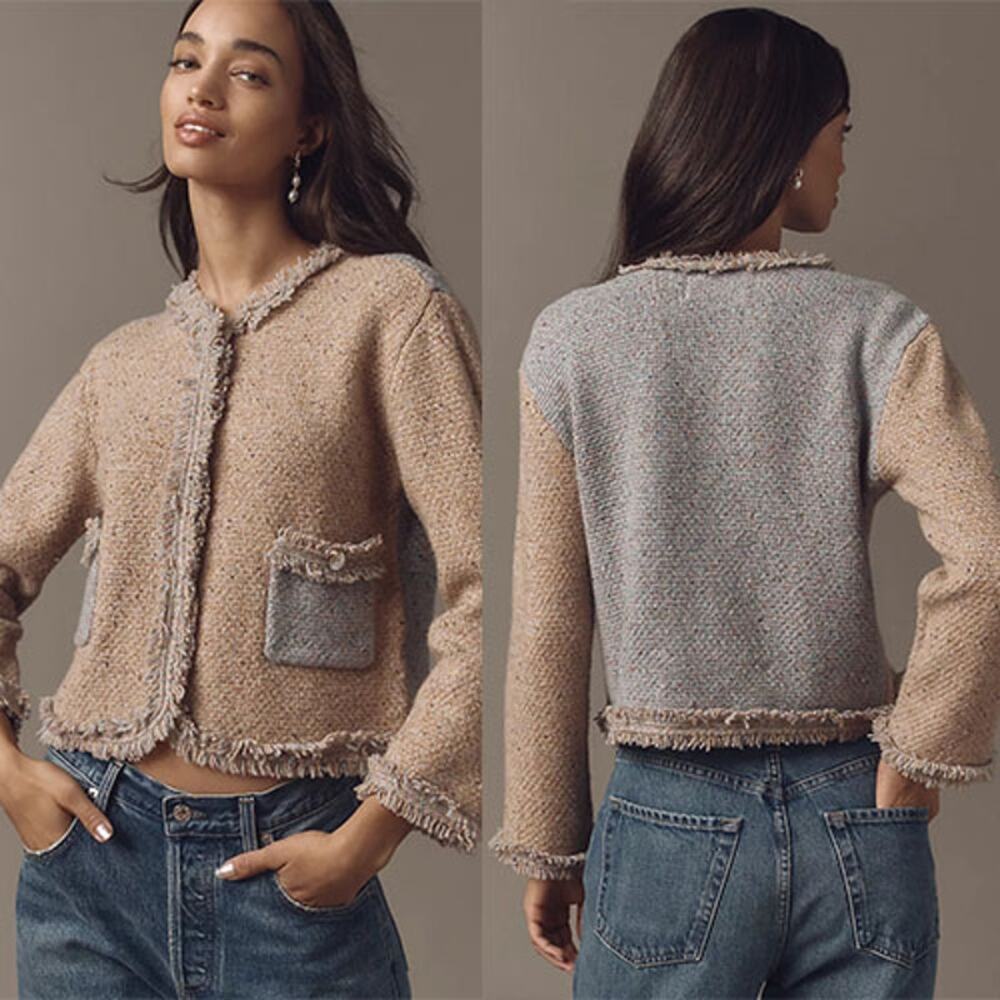 NEW Lingua Franca Onassis Fringed Tweed Button Cardigan Sweater Size: XS